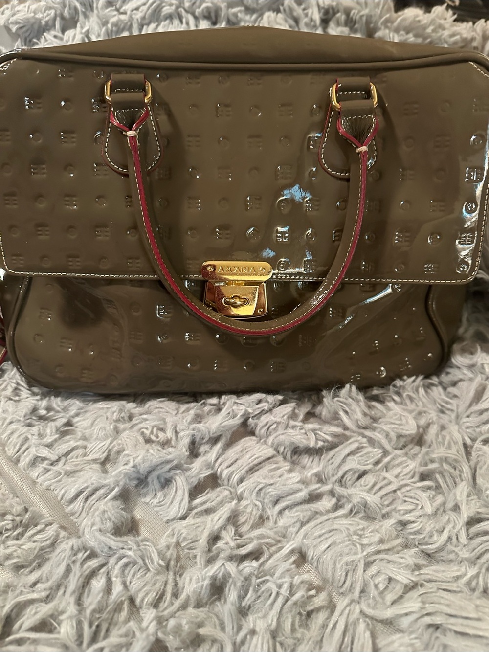 Arcadia Olive Patent Satchel with Red-Trim Handles